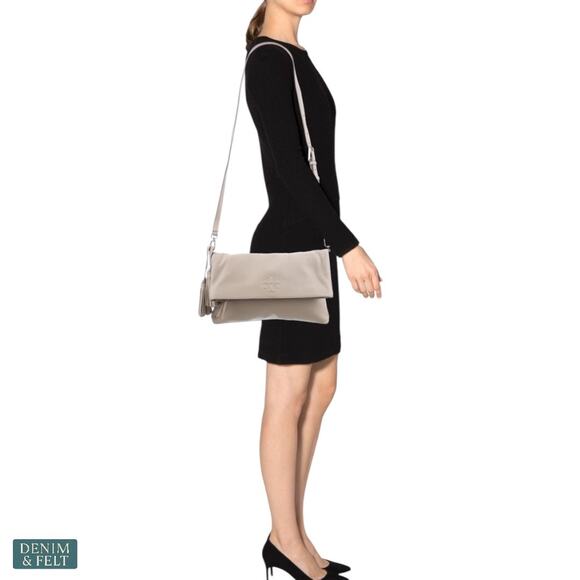 Tory Burch Thea Leather Foldover Crossbody Bag  Purse Gray Herron Tassel Neutral - Picture 3 of 16